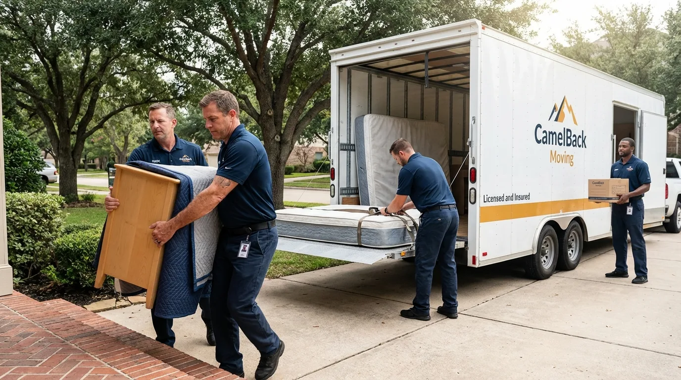 Crew loading residential truck for cross-state move from Acton, CA