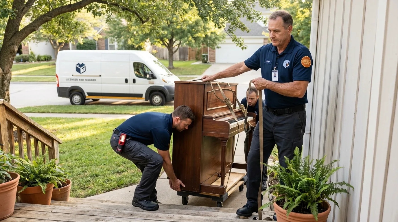 Licensed piano movers securing grand piano in Acton, CA