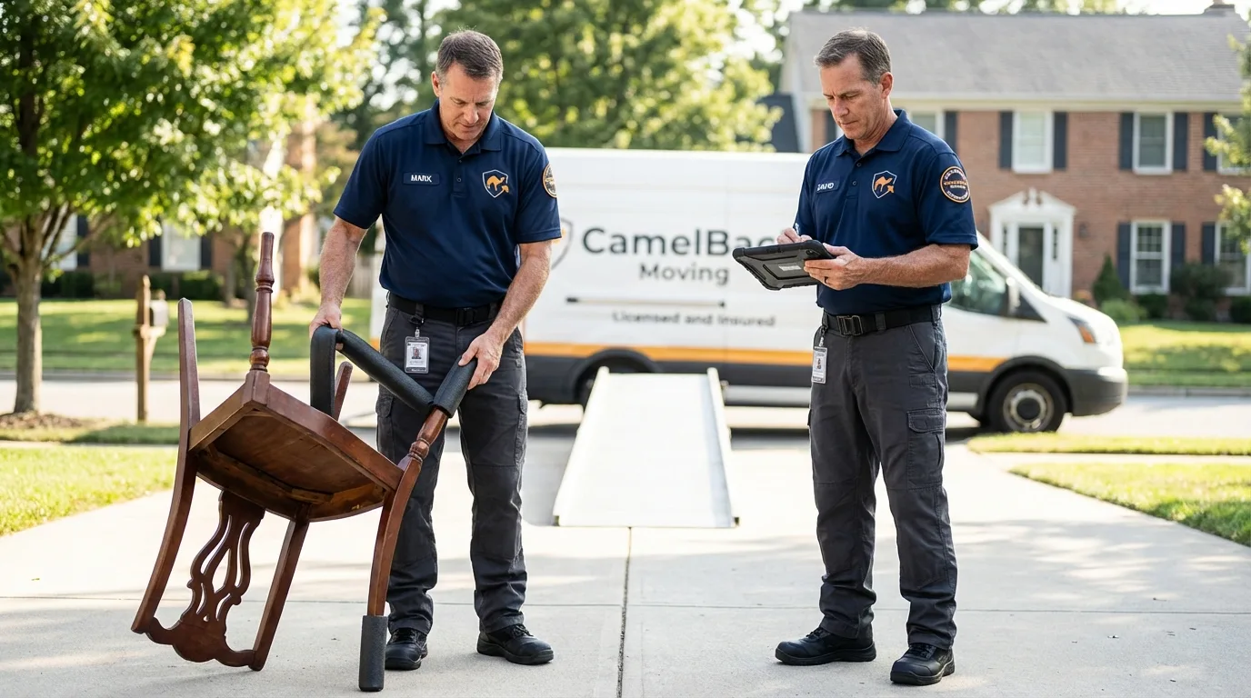 Movers inspecting furniture for damage prevention before loading in Acton, CA