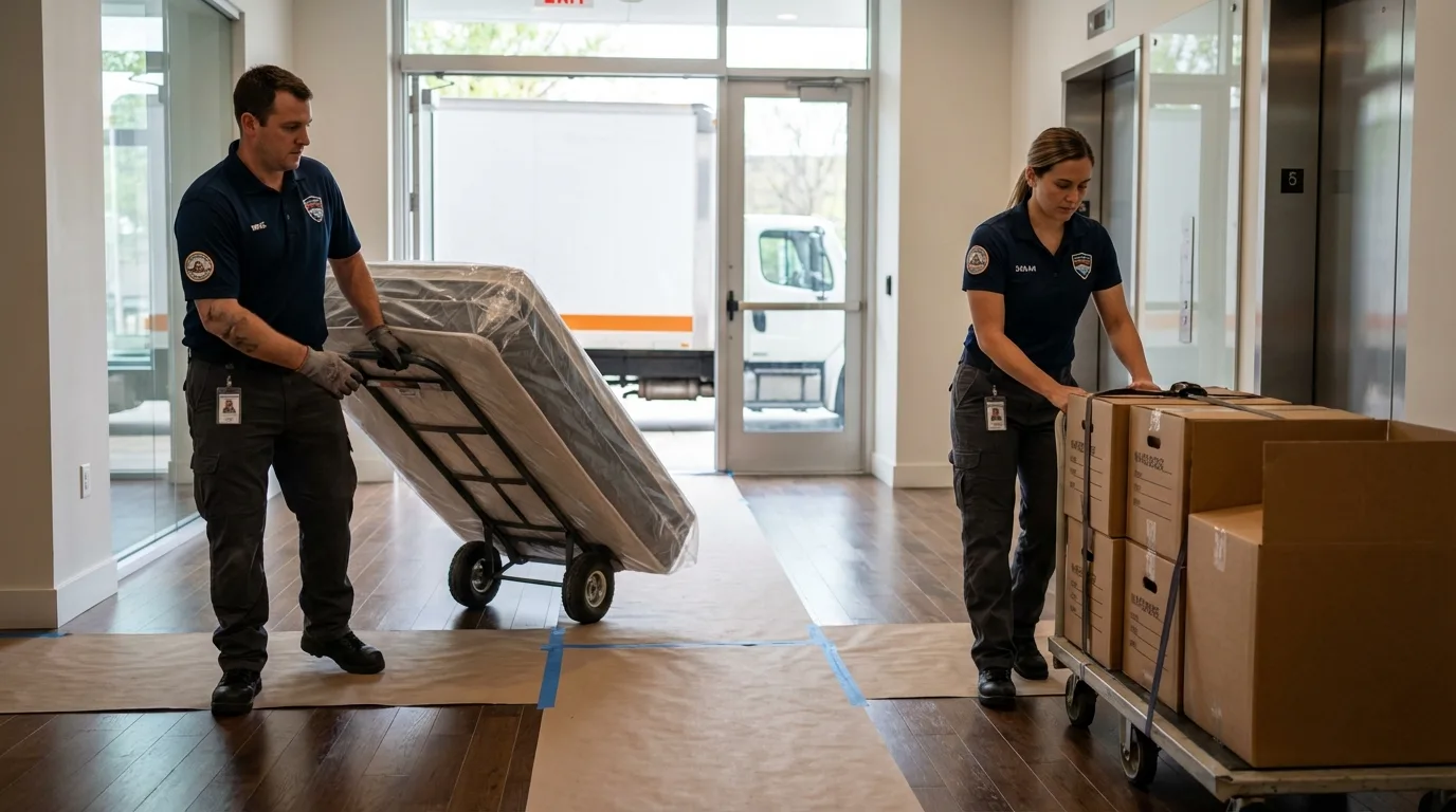 Professional apartment movers loading elevator in Acton, CA