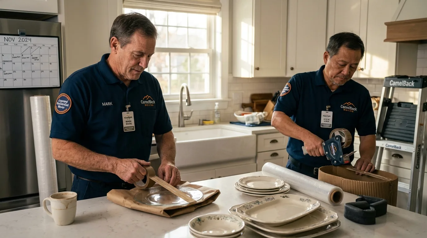 Professional crew packing kitchen dishware in Acton, CA